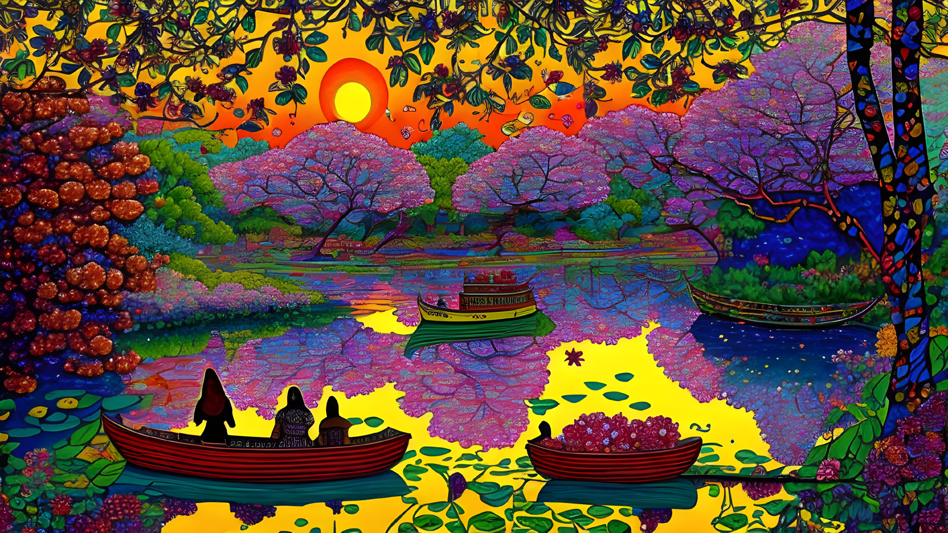 Colorful Landscape: Boats, Cherry Blossoms, Sun, Flowers & Fruits