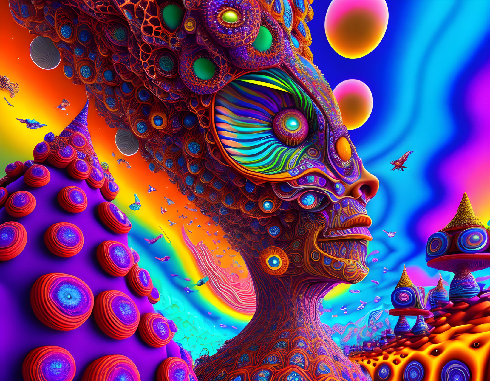 Surreal colorful alien landscape with humanoid figure