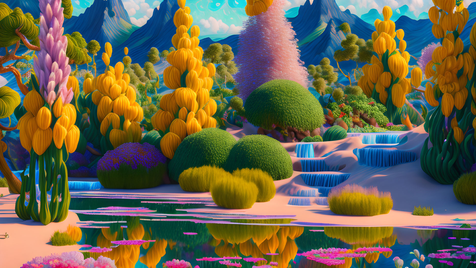 Colorful Animated Landscape with Waterfalls and Whimsical Mountains