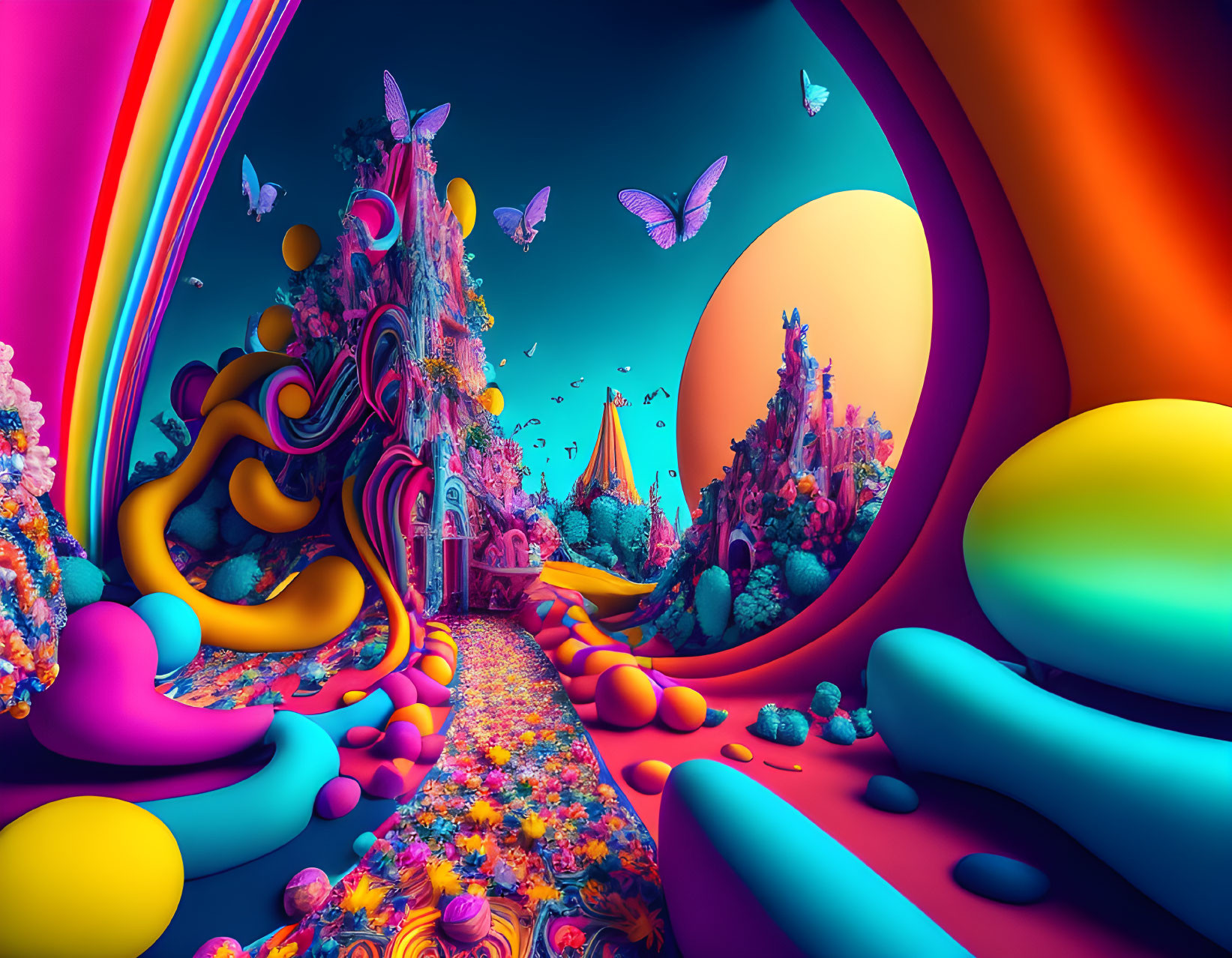 Colorful Psychedelic Landscape with Whimsical Trees and Butterflies