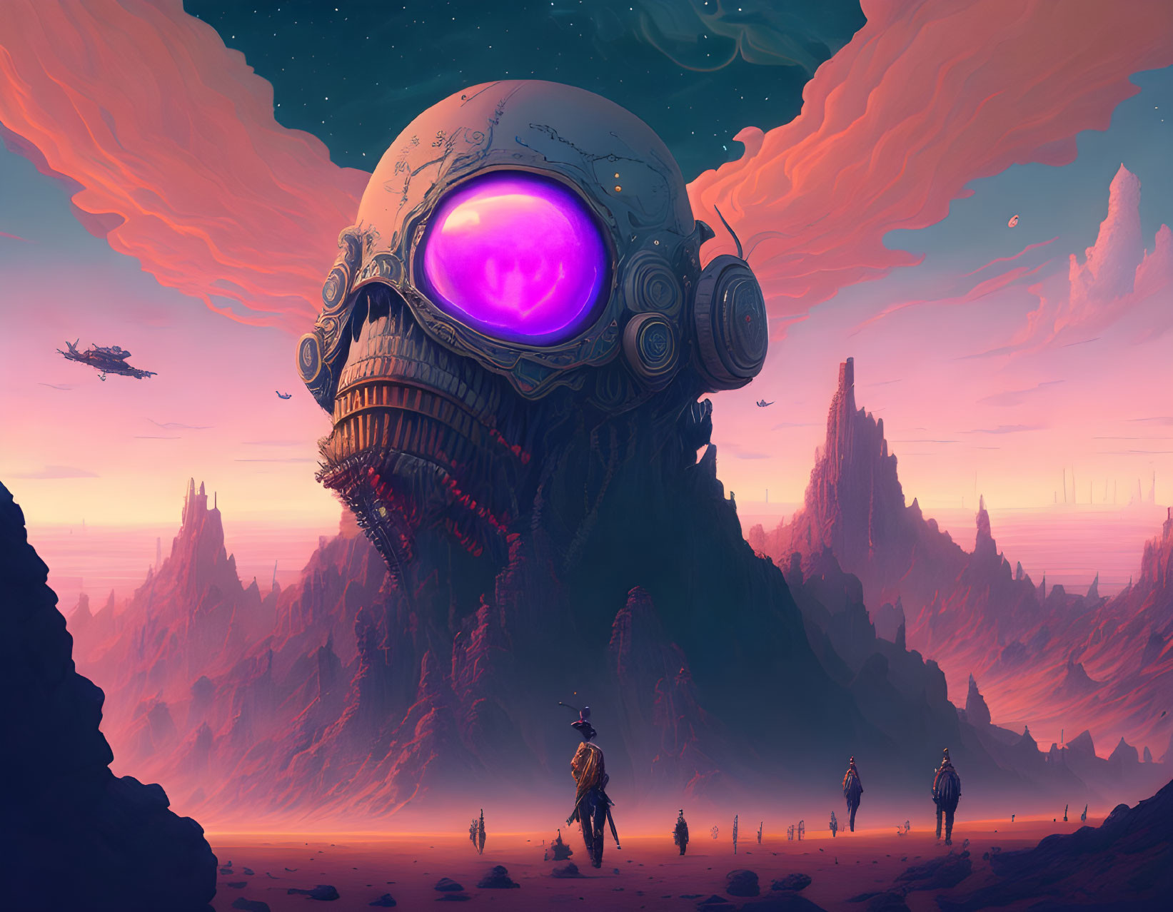 Surreal landscape with giant skull, glowing purple eye, rocky spires, small figures on alien