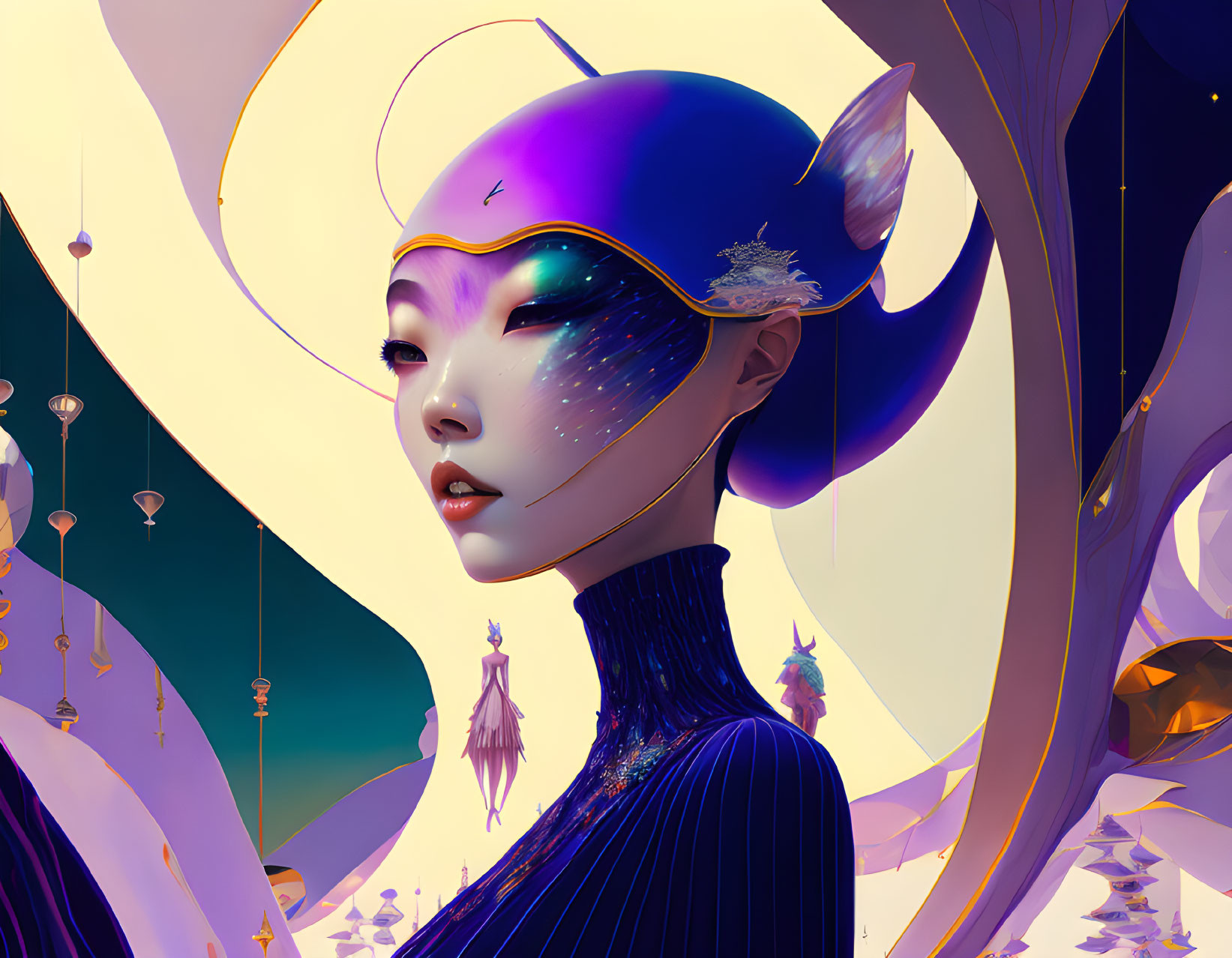 Stylized illustration of a woman with shiny blue cap and ethereal adornments