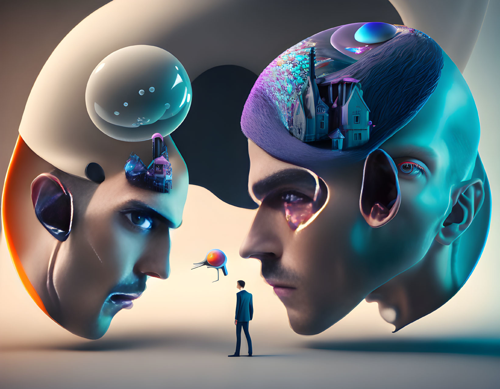 Surreal human heads with open sections showing inner worlds