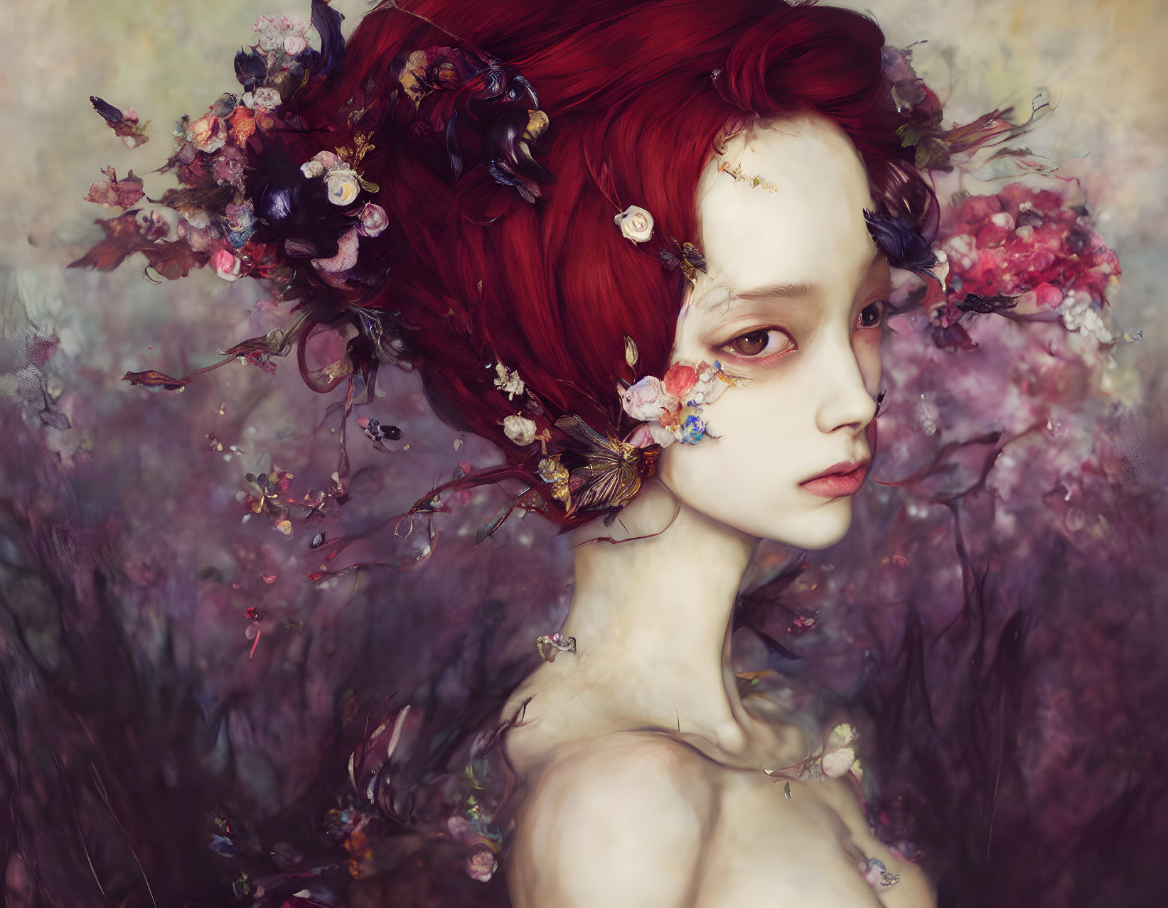 Red-haired girl with floral and butterfly accents on soft background