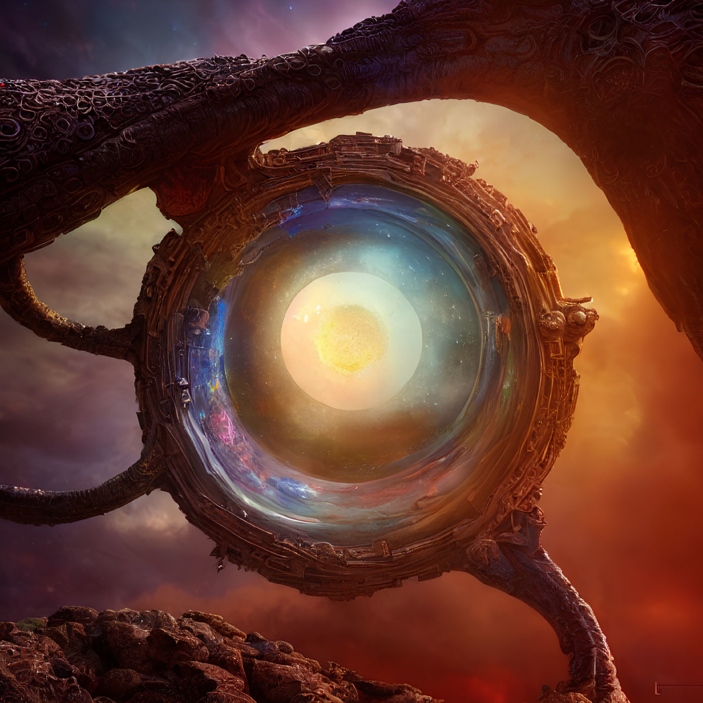 Intricate designs on mystical spherical portal with swirling galaxy against dramatic sky