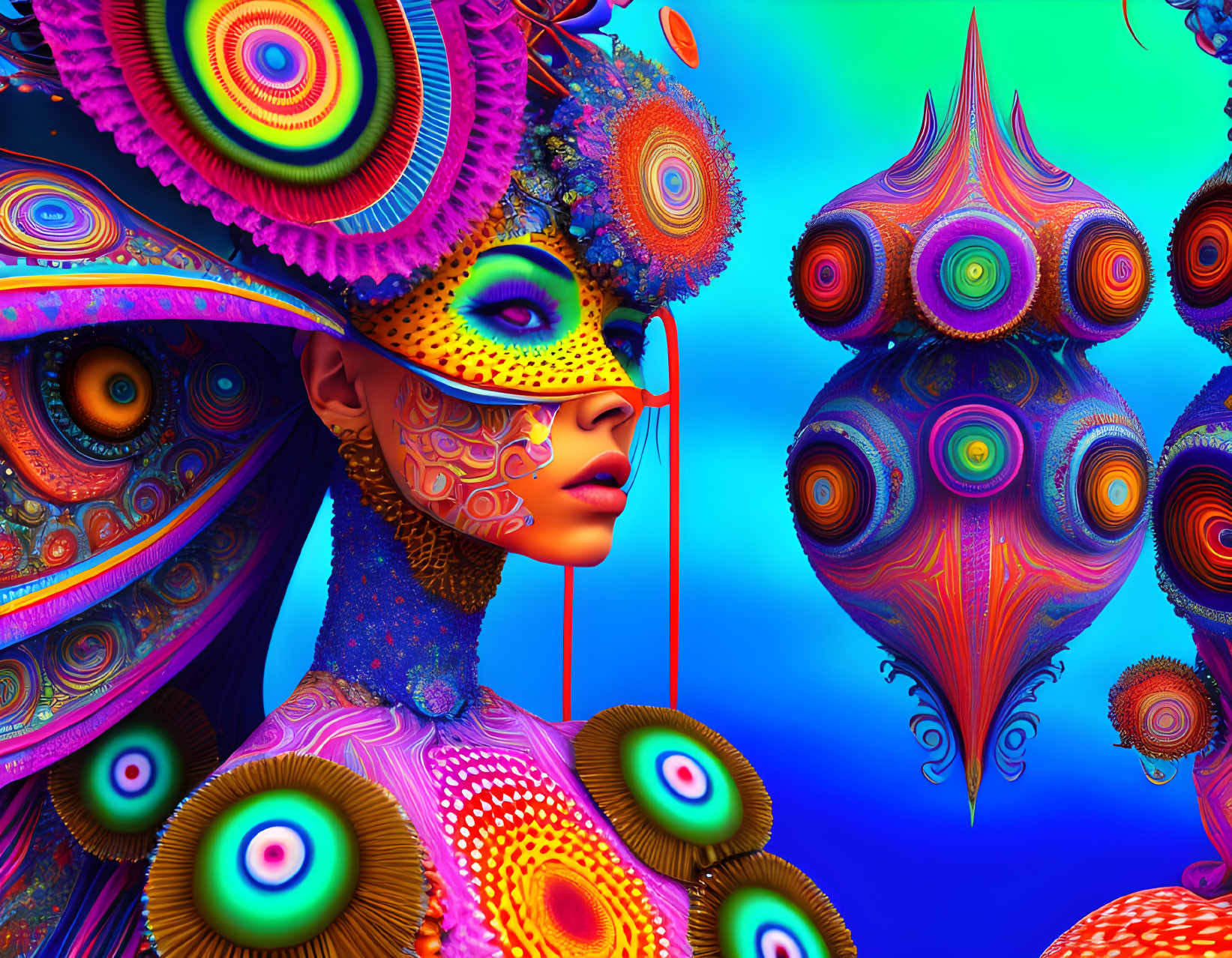 Colorful surreal artwork: Female profile with intricate patterns on face and headdress against blue background.