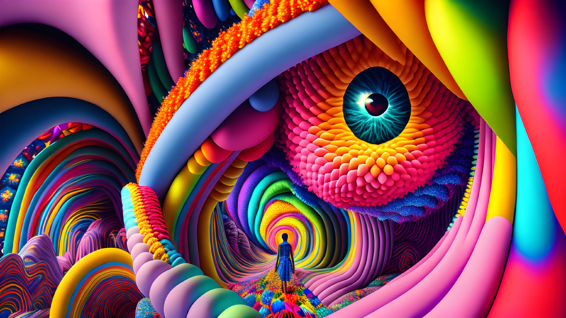 Colorful psychedelic digital artwork with surreal landscape.