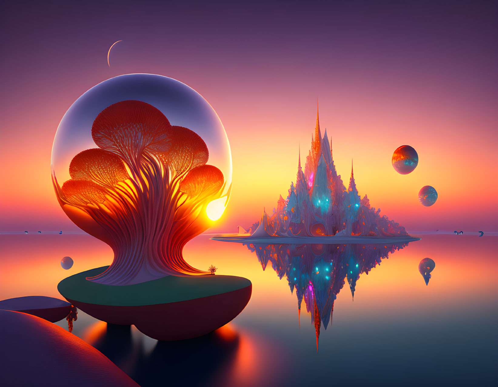 Surreal landscape with tree structure, crystal castle, floating spheres, and sunset.