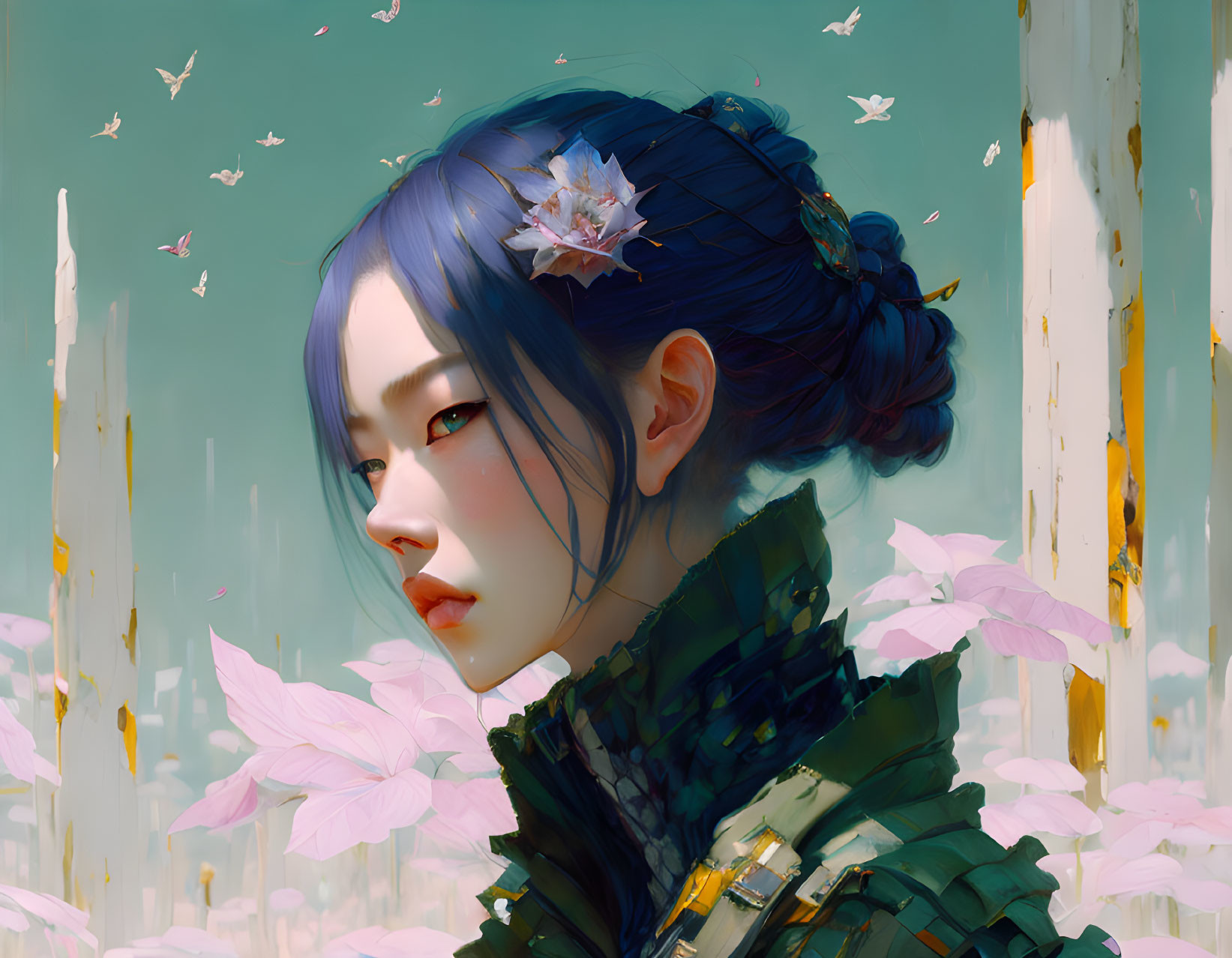 Digital artwork: Woman with blue hair and flower, serene backdrop with birds and pink flowers.