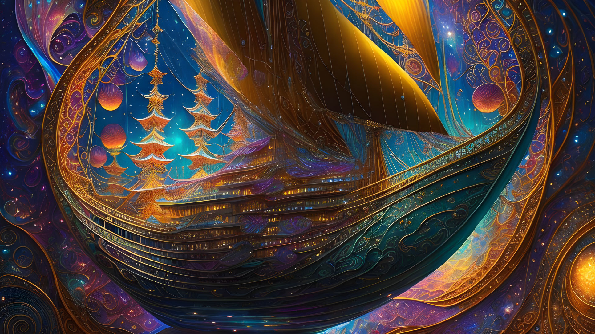 Colorful Abstract Fractal Artwork with Swirls and Spheres in Blue, Gold, and