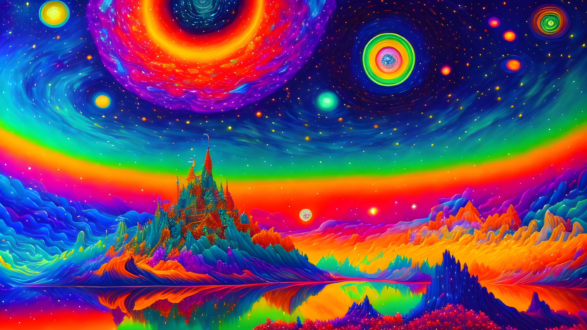 Colorful Psychedelic Landscape with Starry Skies and Mirrored Waters