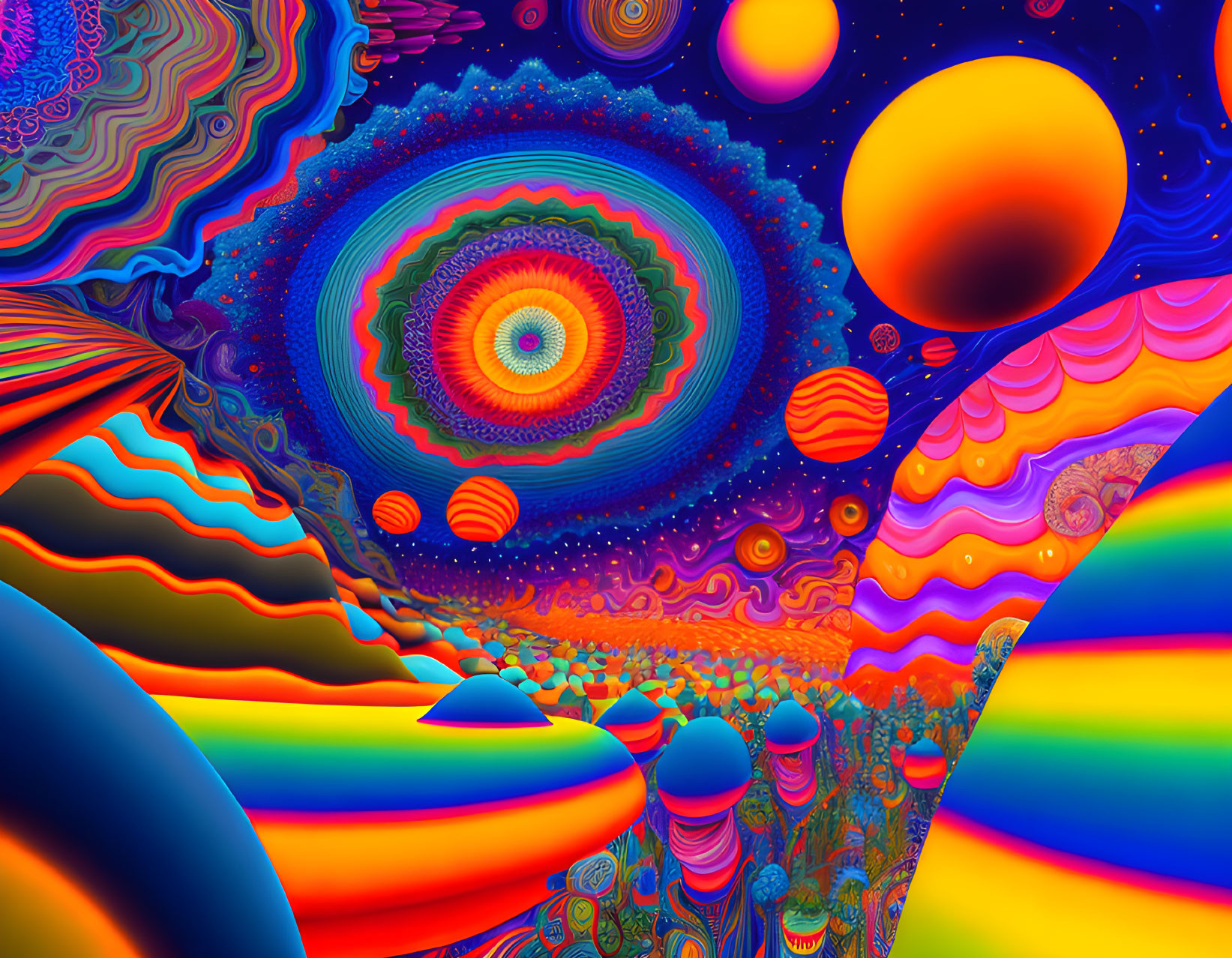 Colorful Psychedelic Landscape with Swirling Patterns and Celestial Bodies