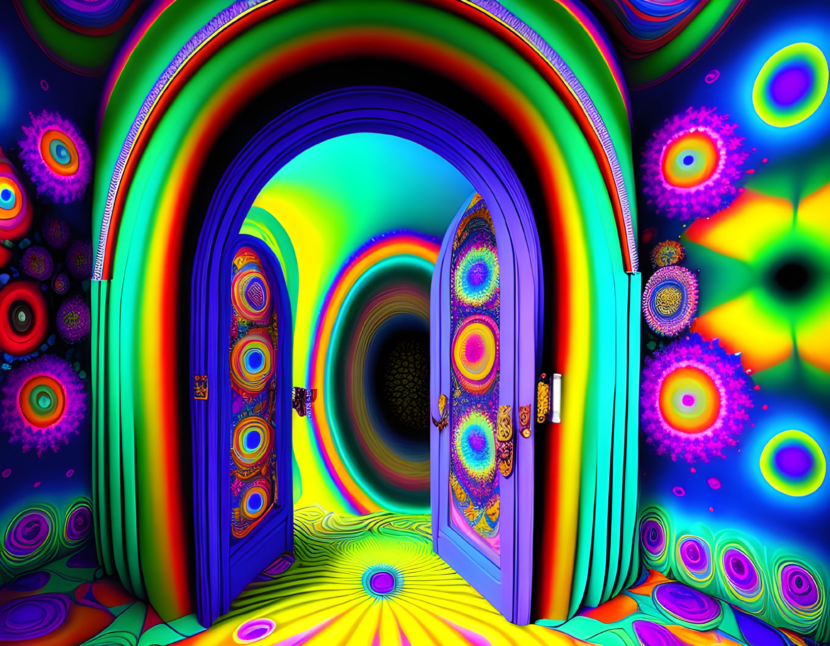 Colorful psychedelic open door tunnel with swirling patterns