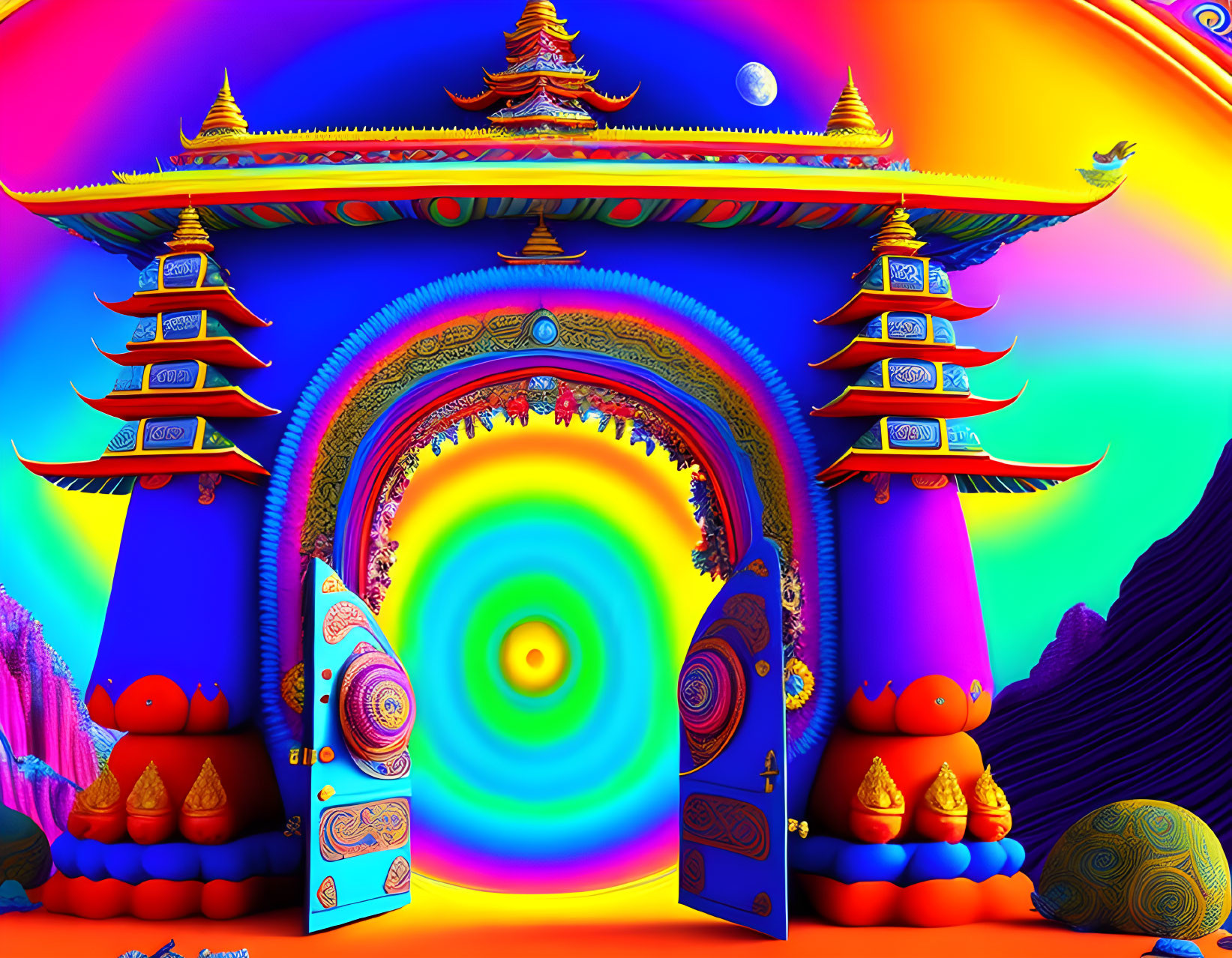 Colorful Psychedelic Artwork Featuring Asian Architecture and Surreal Landscape