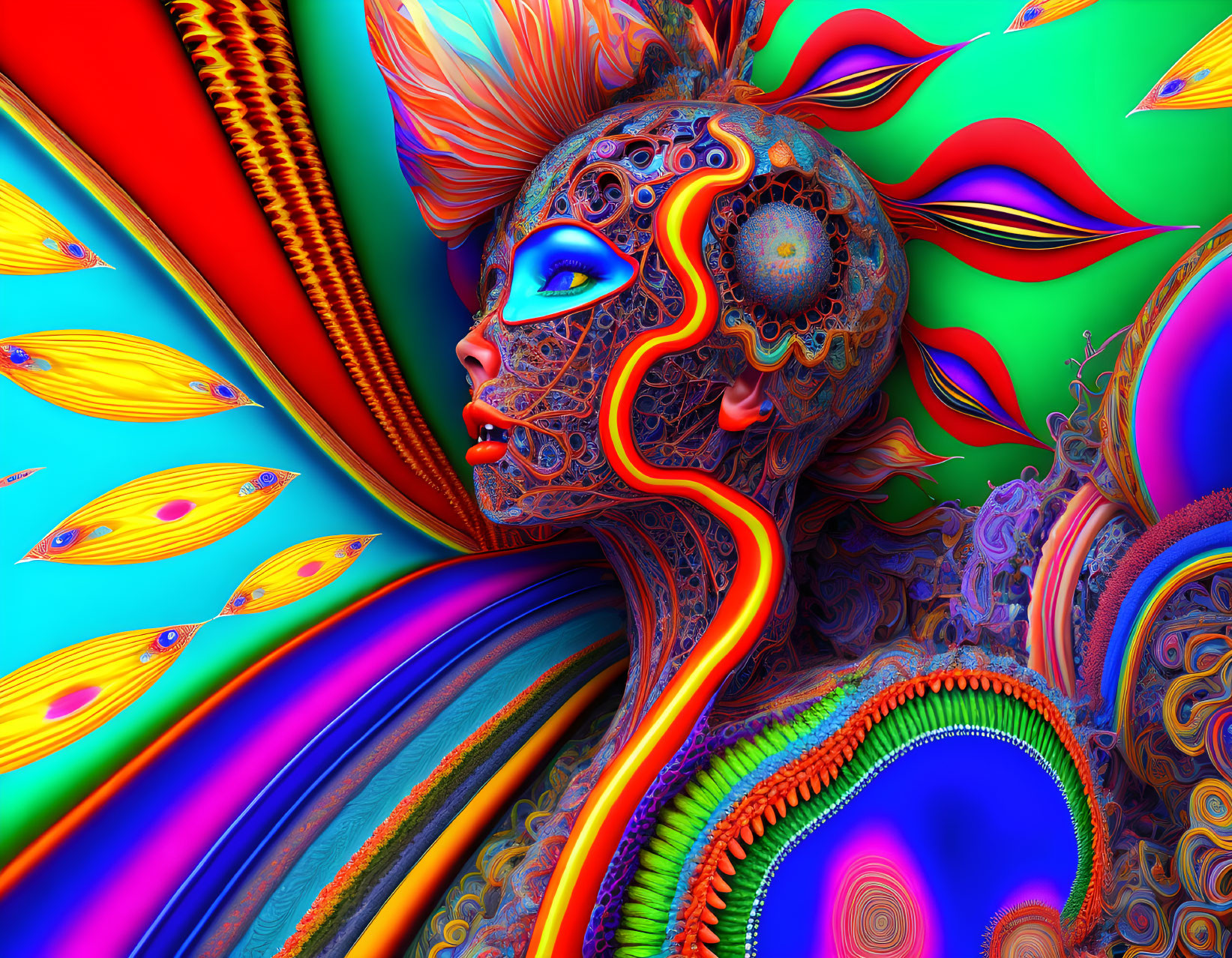 Colorful humanoid figure profile with intricate patterns on psychedelic background