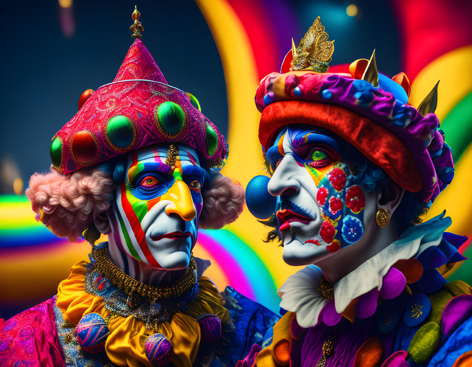 Colorful Clown Duo with Elaborate Makeup & Costumes