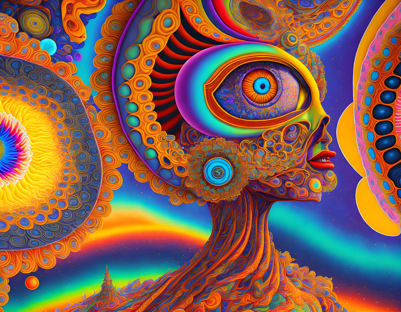 Colorful Psychedelic Digital Artwork with Human-like Profile and Eye Motif