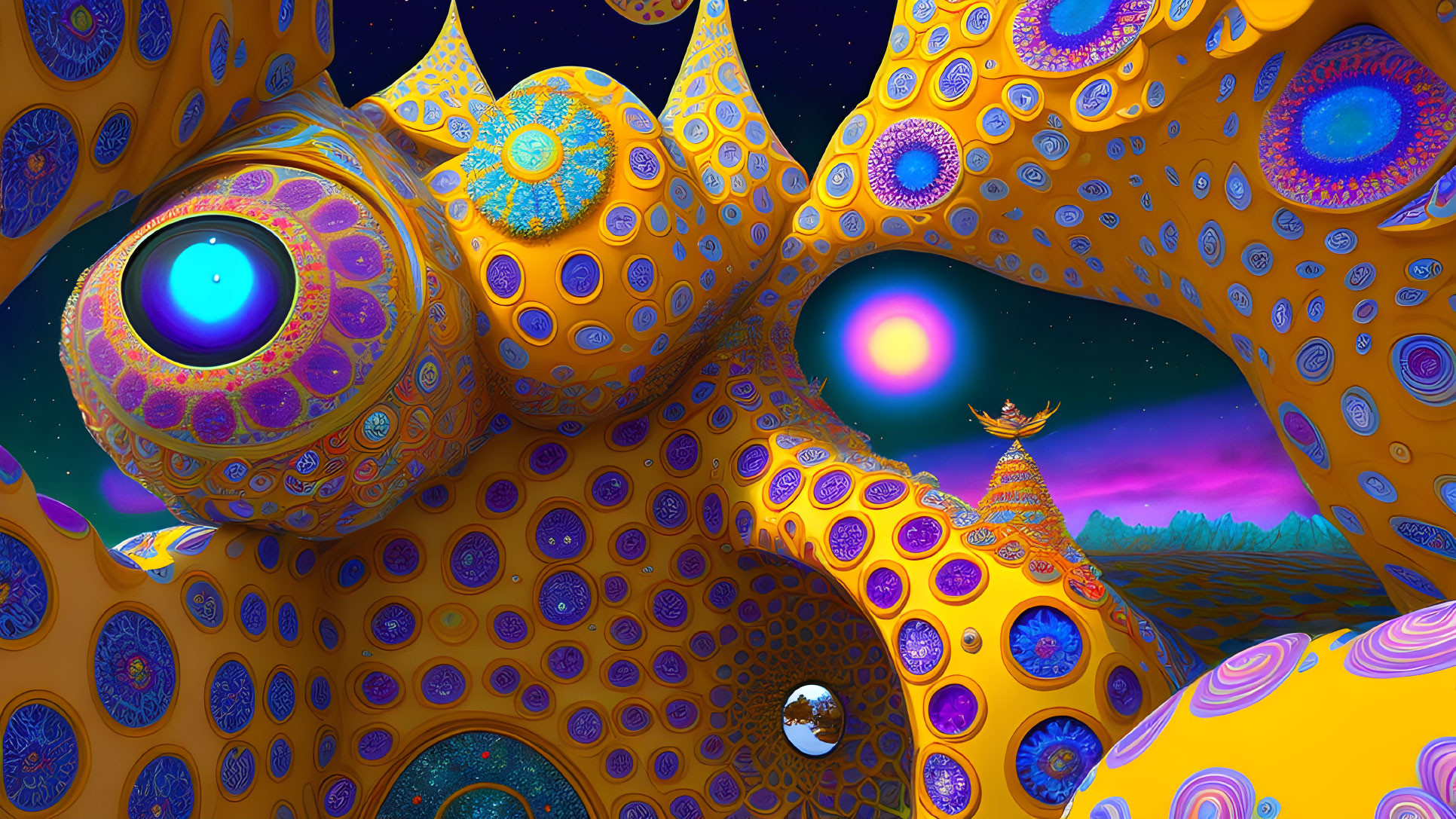 Colorful Octopus-Like Entity in Psychedelic Landscape