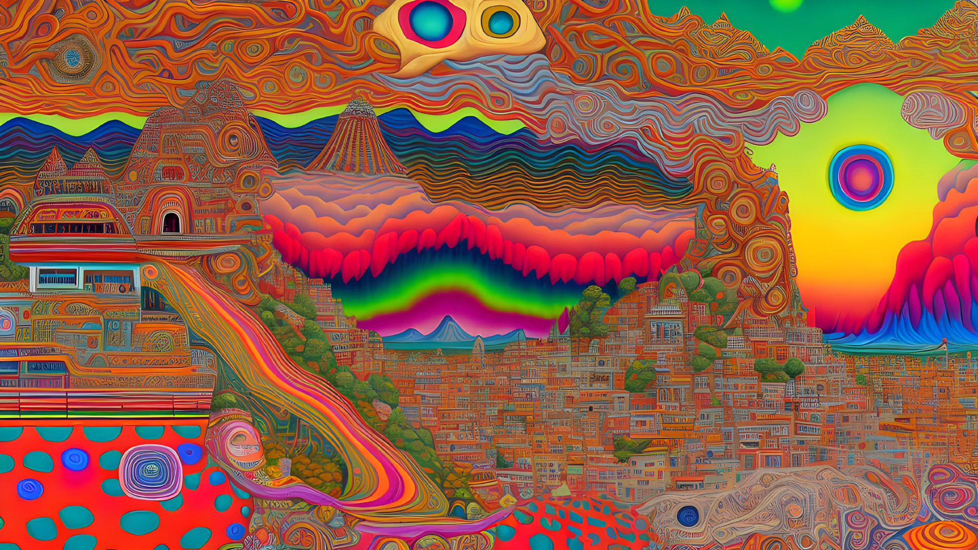 Colorful Psychedelic Landscape with Swirling Patterns & Abstract Shapes