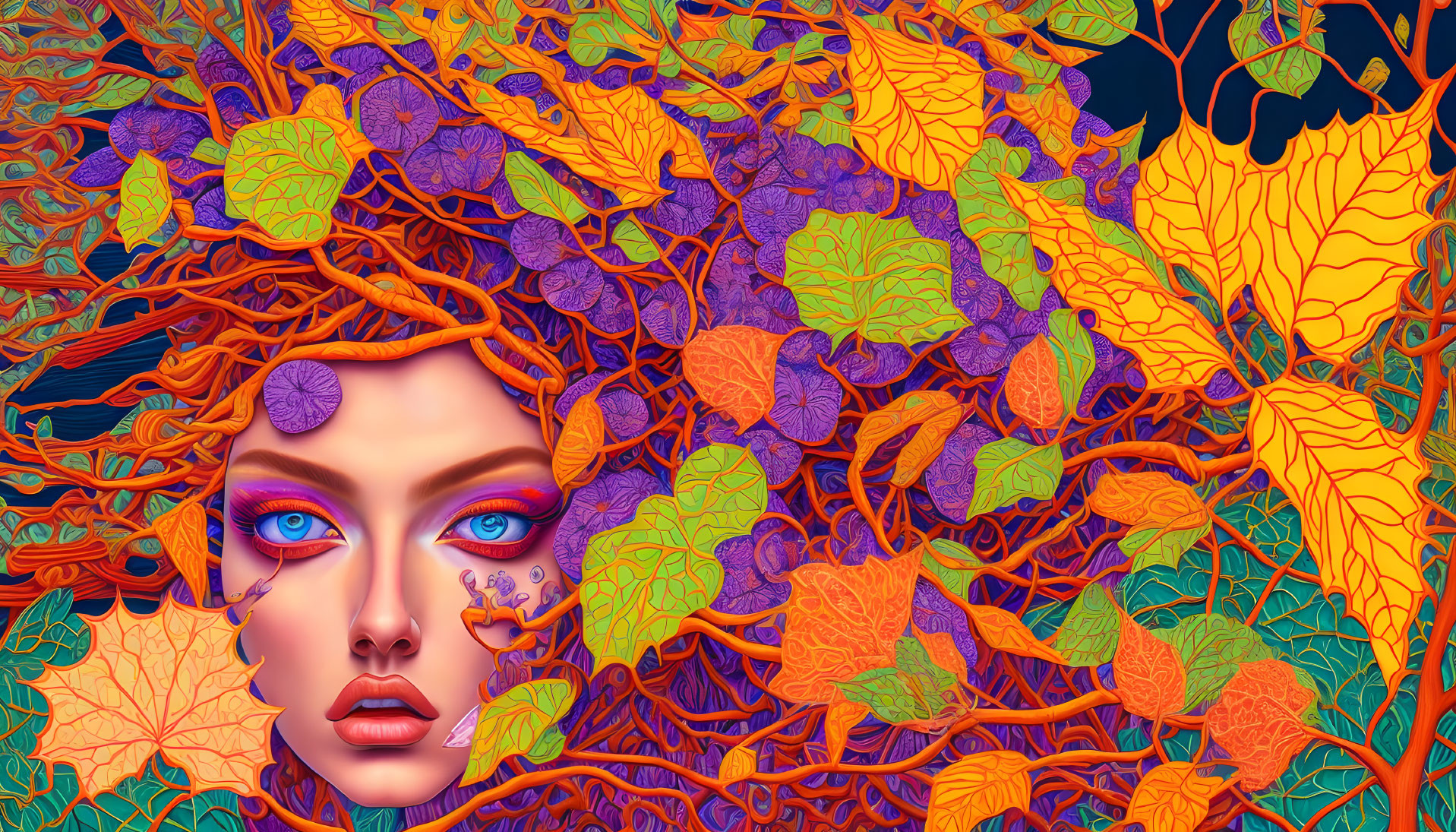 Digital artwork: Woman's face hidden by autumn leaves.