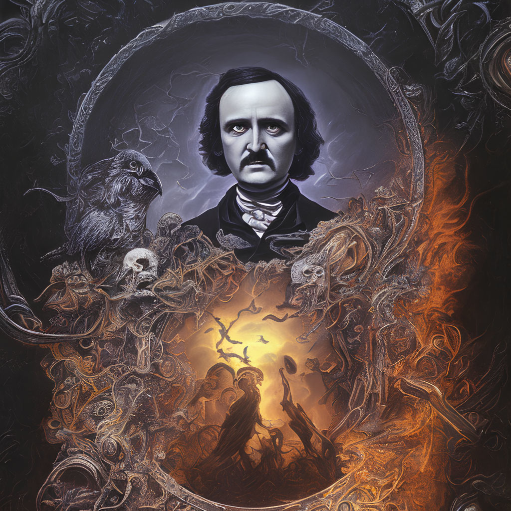 Dark Gothic Artwork: Edgar Allan Poe with Raven in Fiery Orange Setting