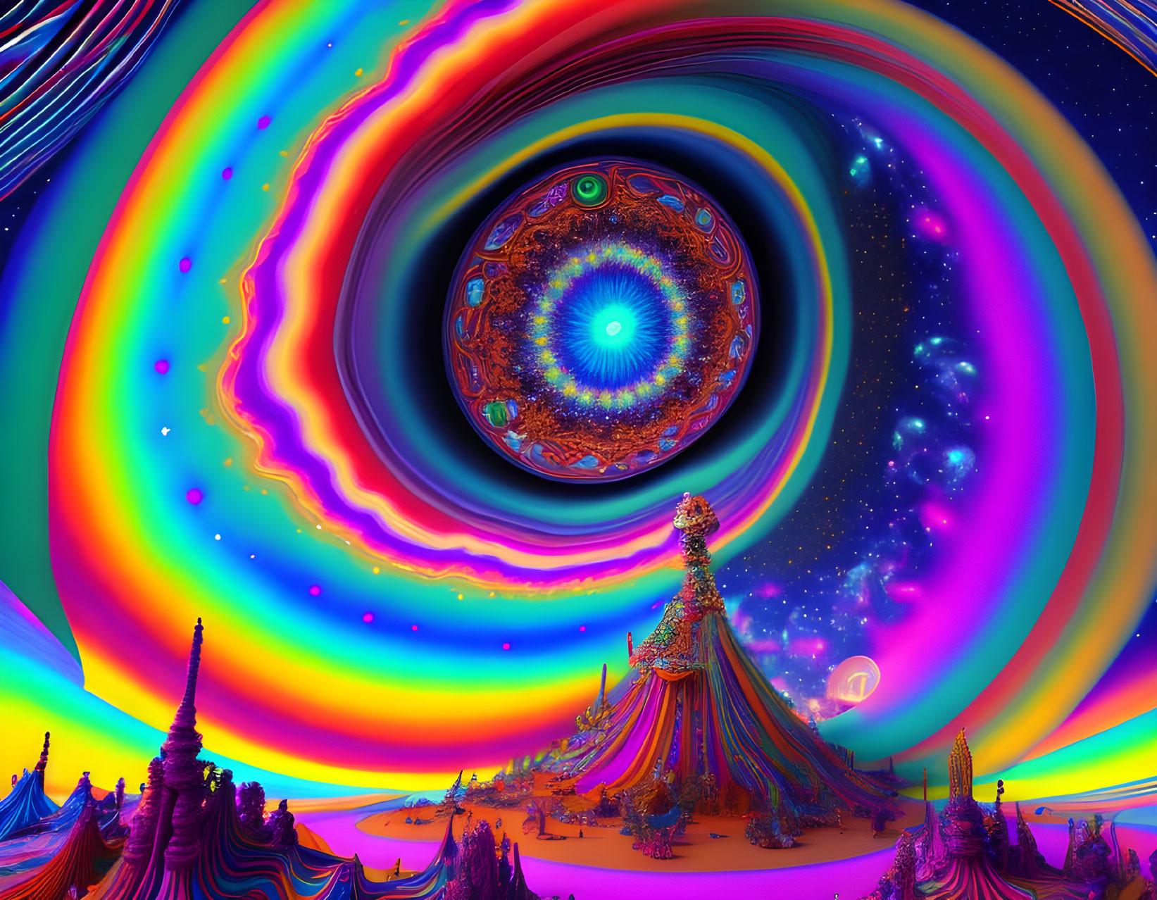 Colorful Psychedelic Landscape with Spiral Skies