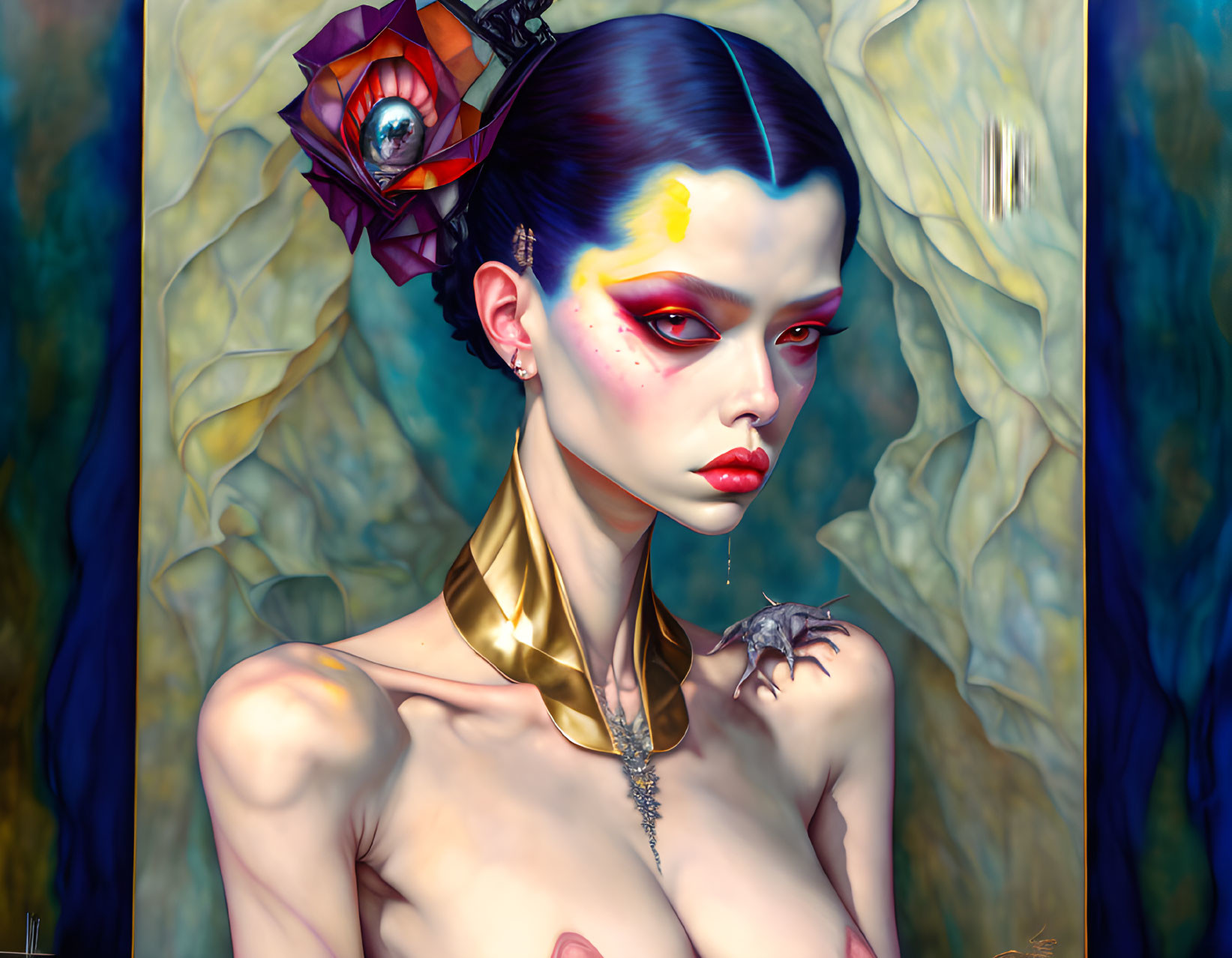 Surreal portrait of woman with metallic collar, red eyes, third eye, lizard on shoulder,