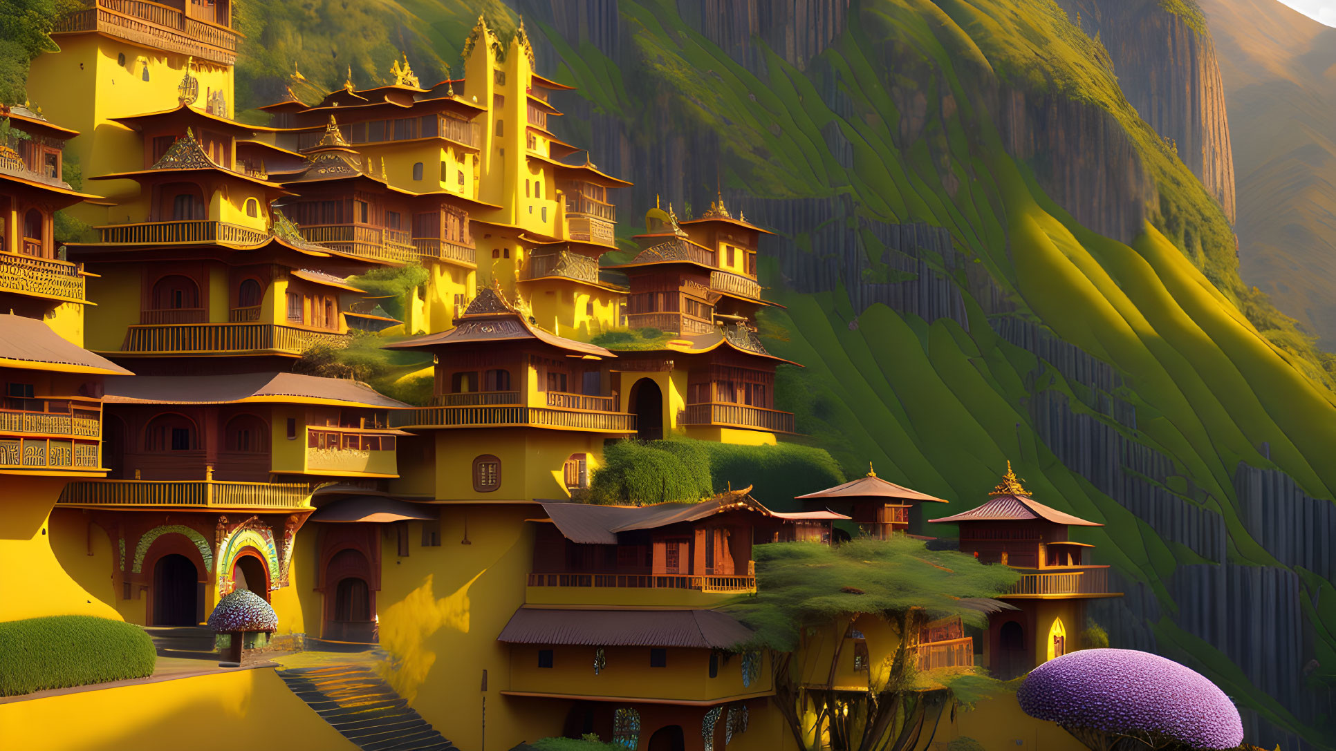 Traditional Golden Pagoda-Style Houses in Idyllic Mountain Village