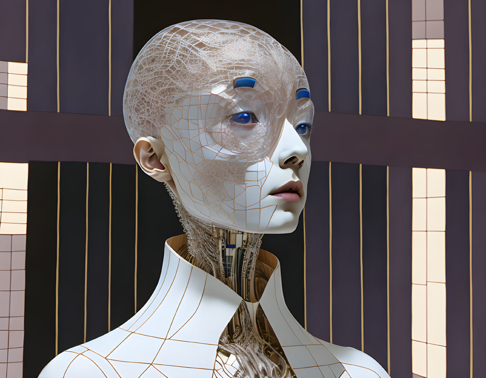 Detailed humanoid robot with translucent cranial structure and intricate wiring on neck, set against geometric backdrop