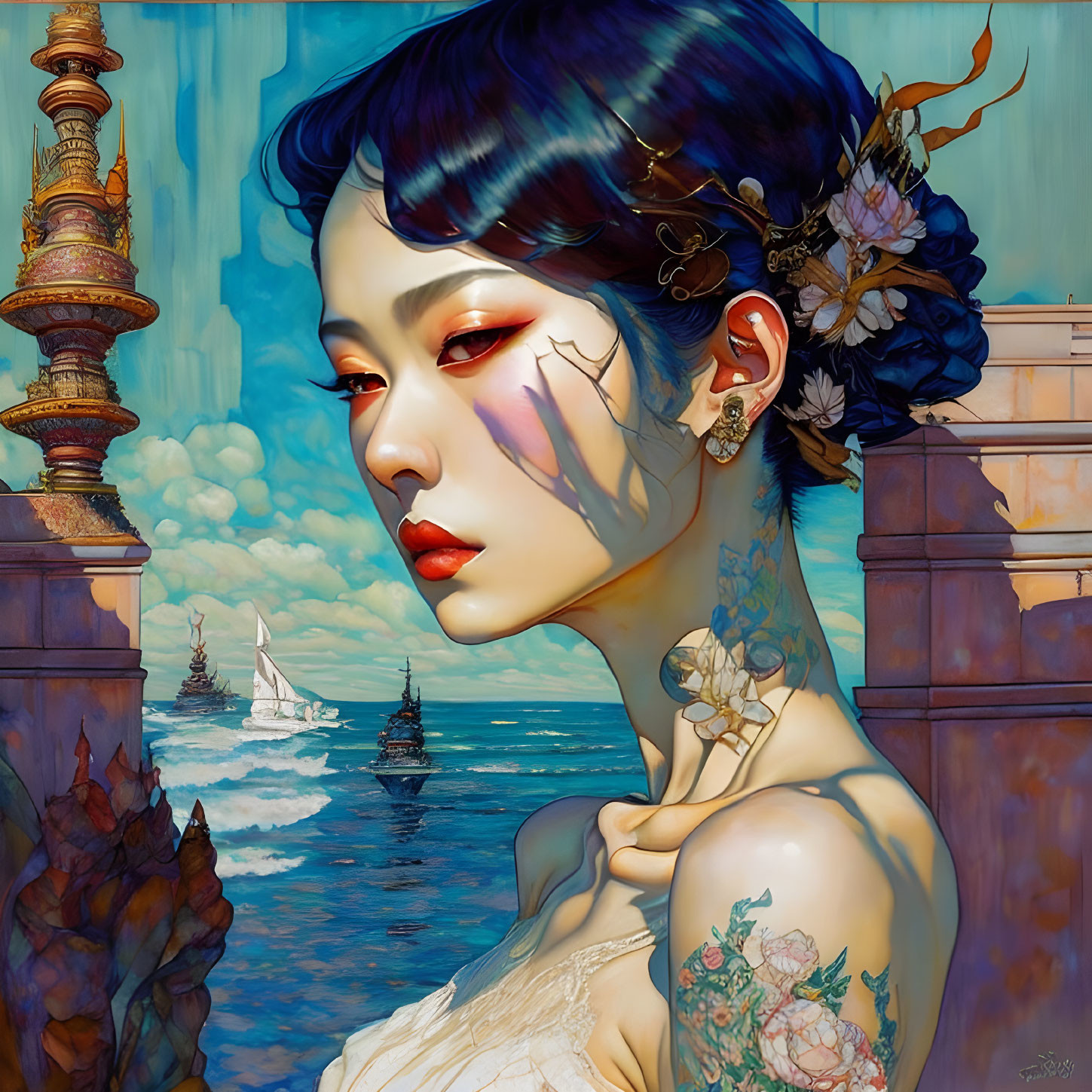 Stylized portrait of woman with blue hair and flower tattoo by the sea