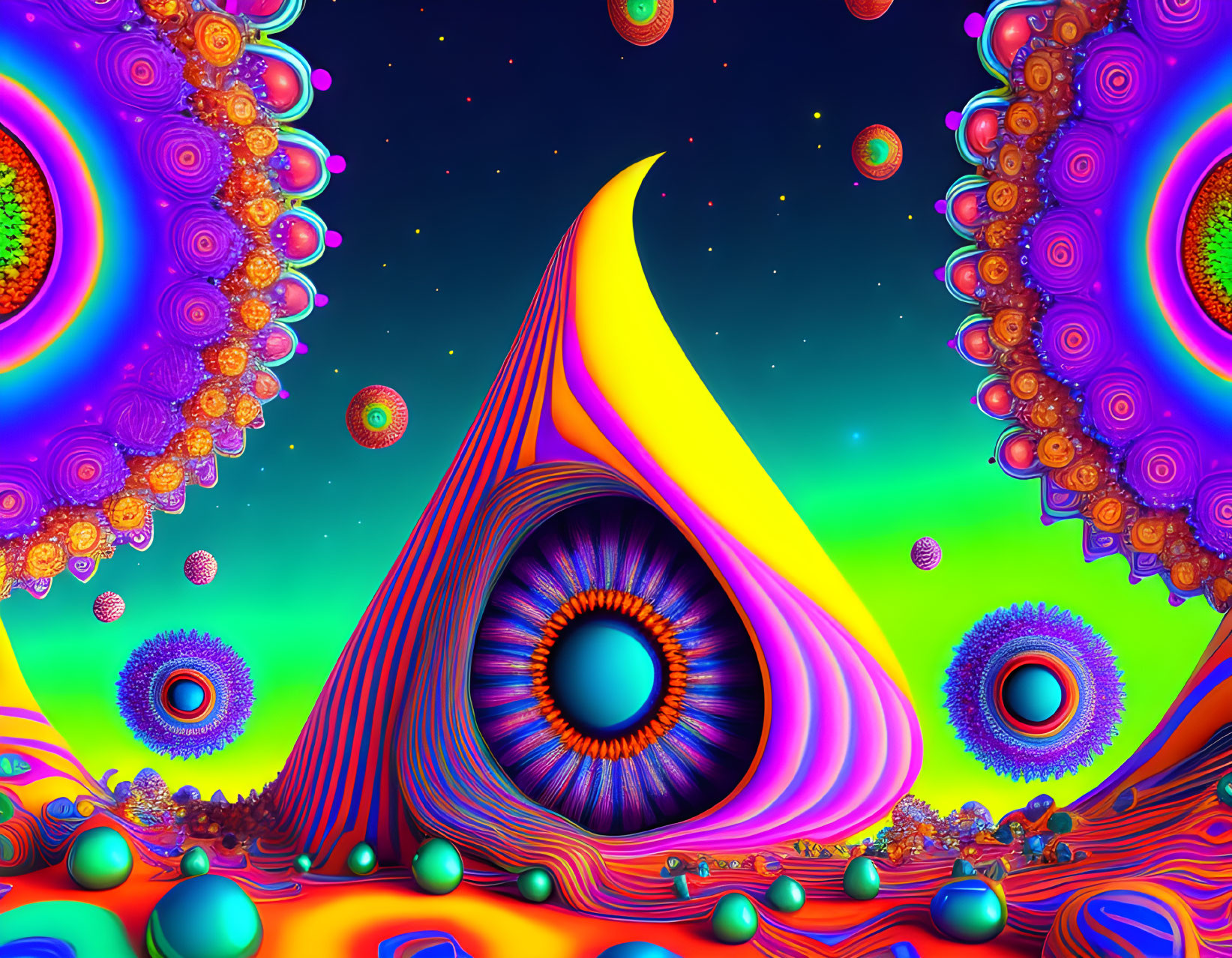 Colorful Psychedelic Landscape with Yellow and Purple Teardrop Structure