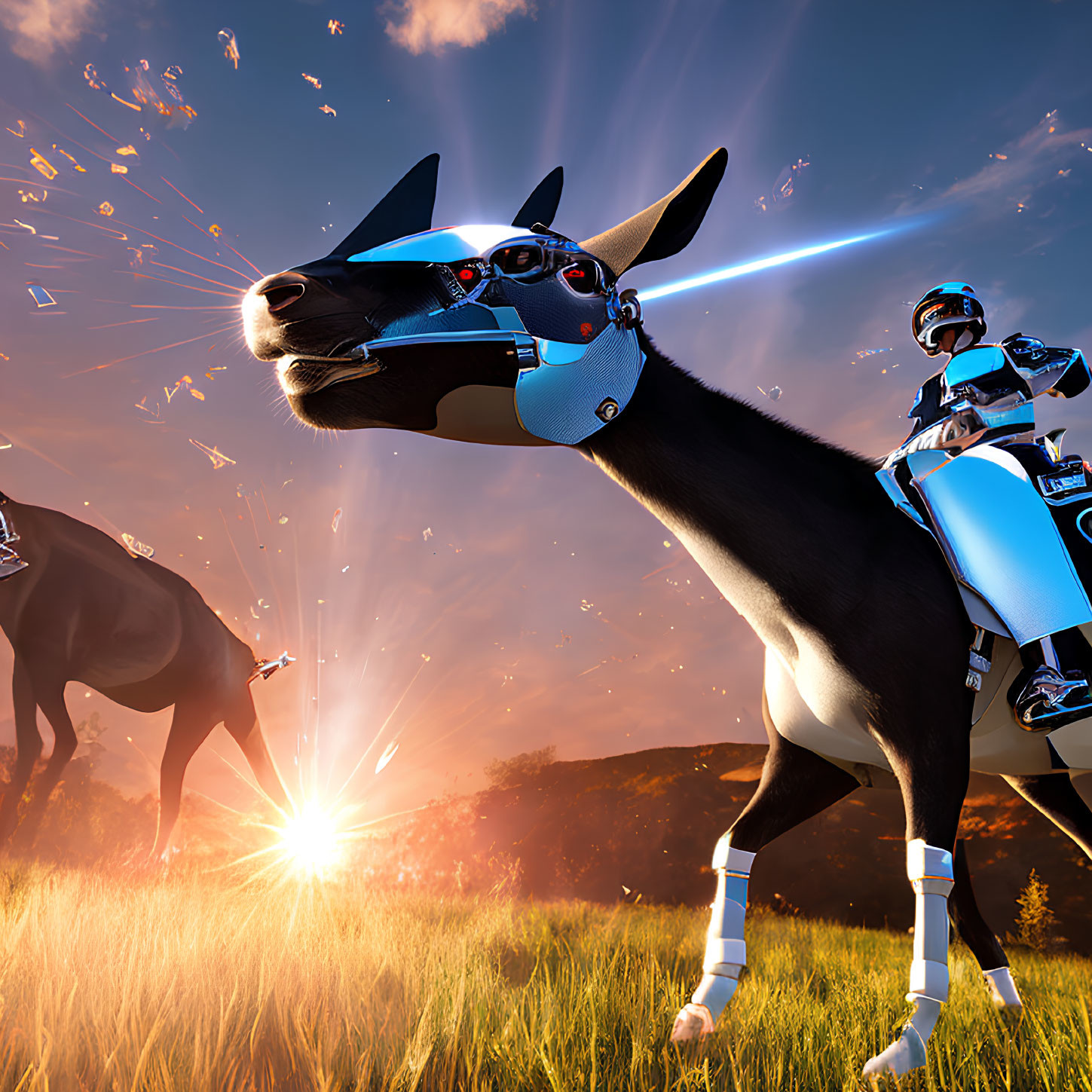 Futuristic scene with robotic dogs and person in high-tech armor at sunset