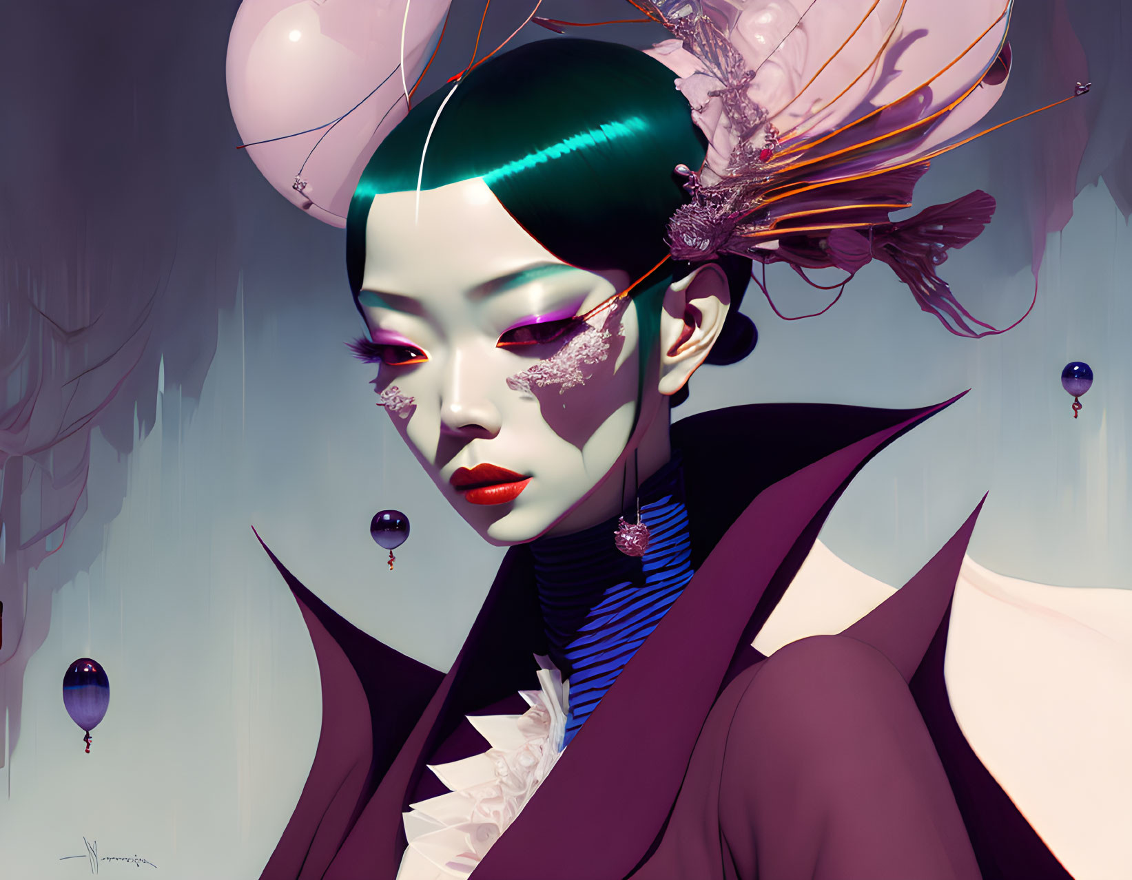 Surreal digital illustration of woman with green hair and dramatic makeup