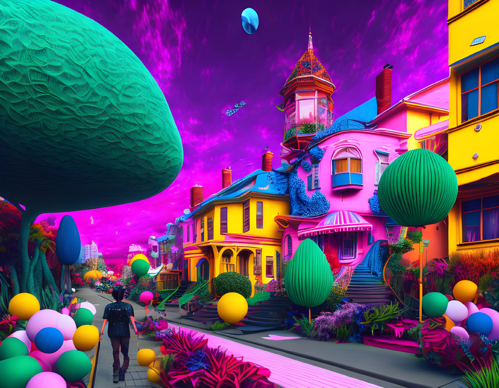 Colorful surreal landscape with yellow Victorian house, oversized trees, and planets.