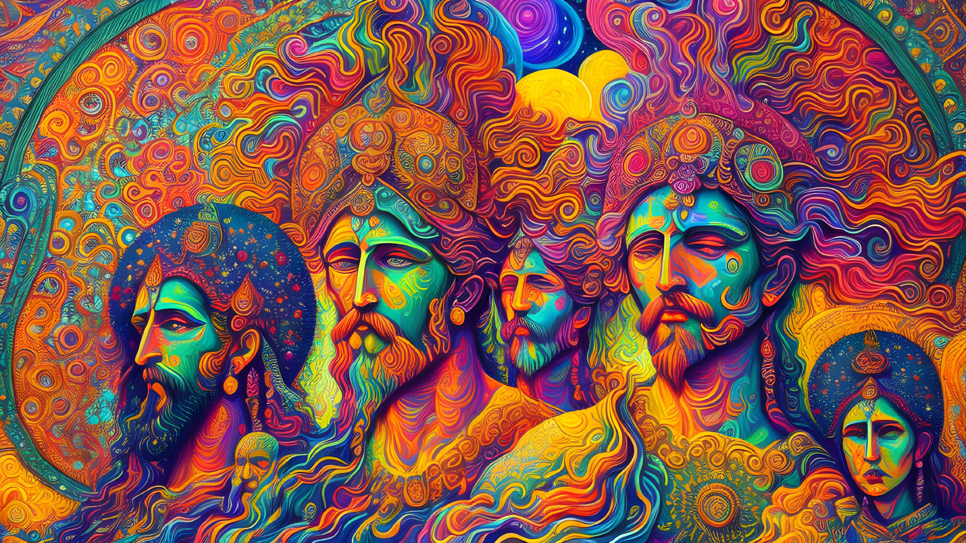 Colorful Psychedelic Digital Artwork with Faces and Cosmic Background