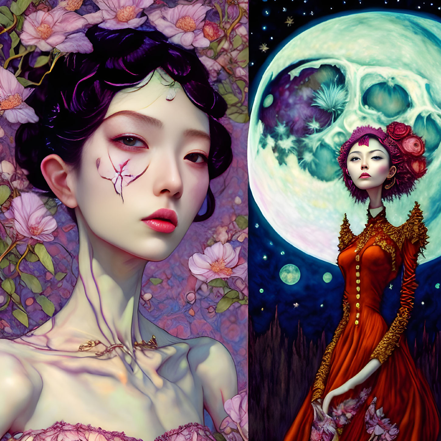 Illustration of Two Women: One with Scar and Pink Flowers, Other in Red Dress with Moon