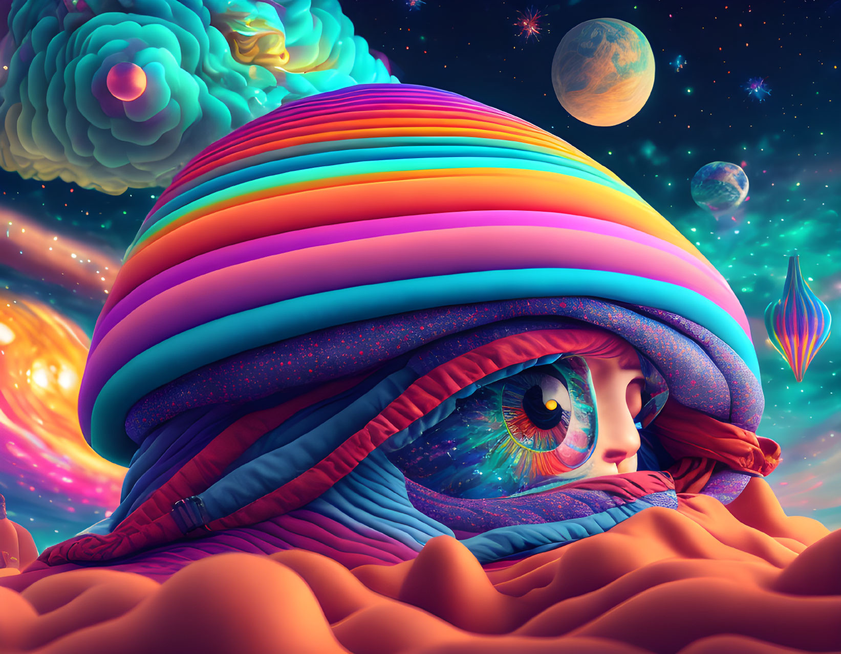 Vibrant surreal illustration with large eye in cosmic setting