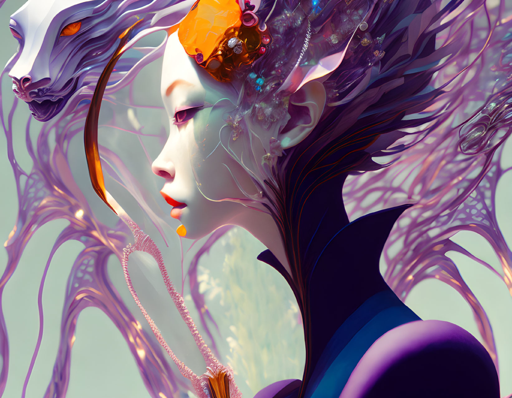 Surreal illustration of woman with ornate headdress and merged face.