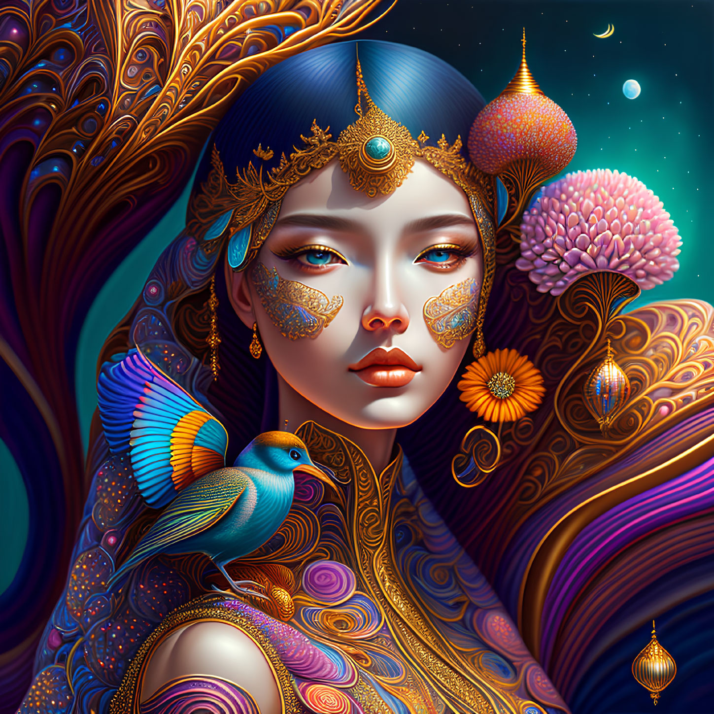 Illustrated woman adorned with gold jewelry in vibrant, colorful setting.