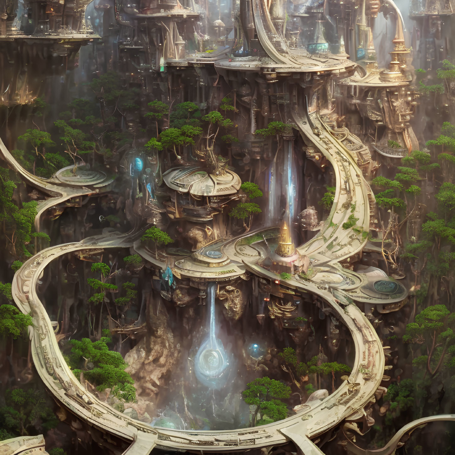 Organic architecture in futuristic city with waterfalls
