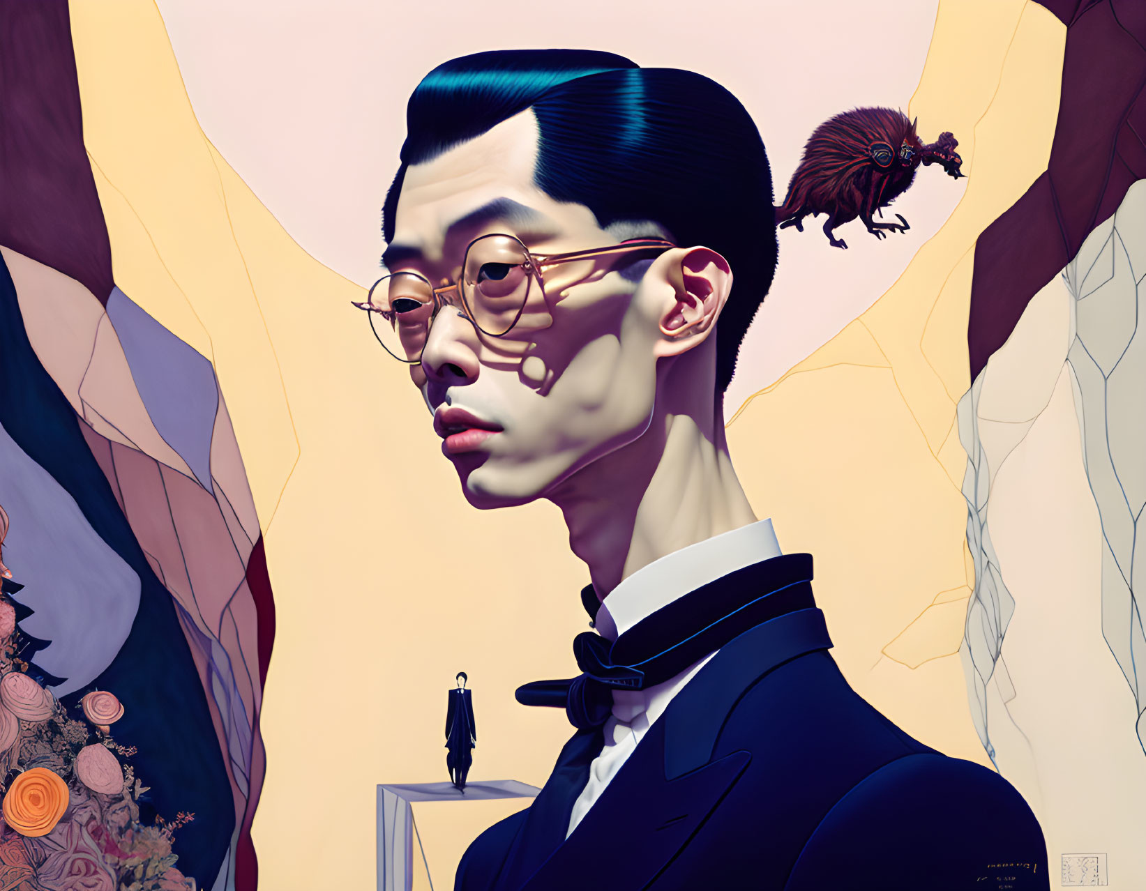 Illustration of man with sleek hair, glasses, bow tie, tiny figure on pedestal, and bird