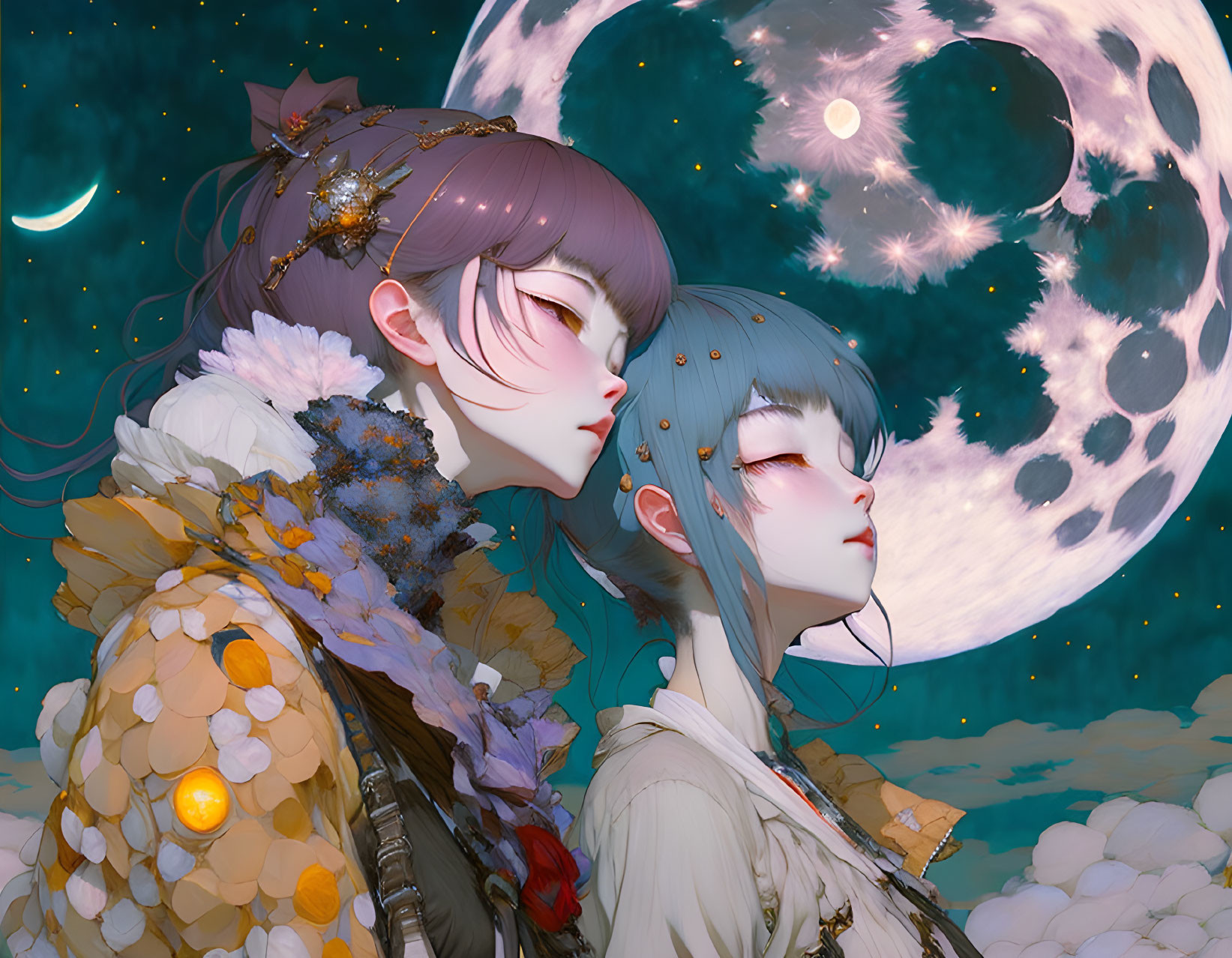 Anime-style characters with elaborate hairstyles and clothing under a whimsical night sky