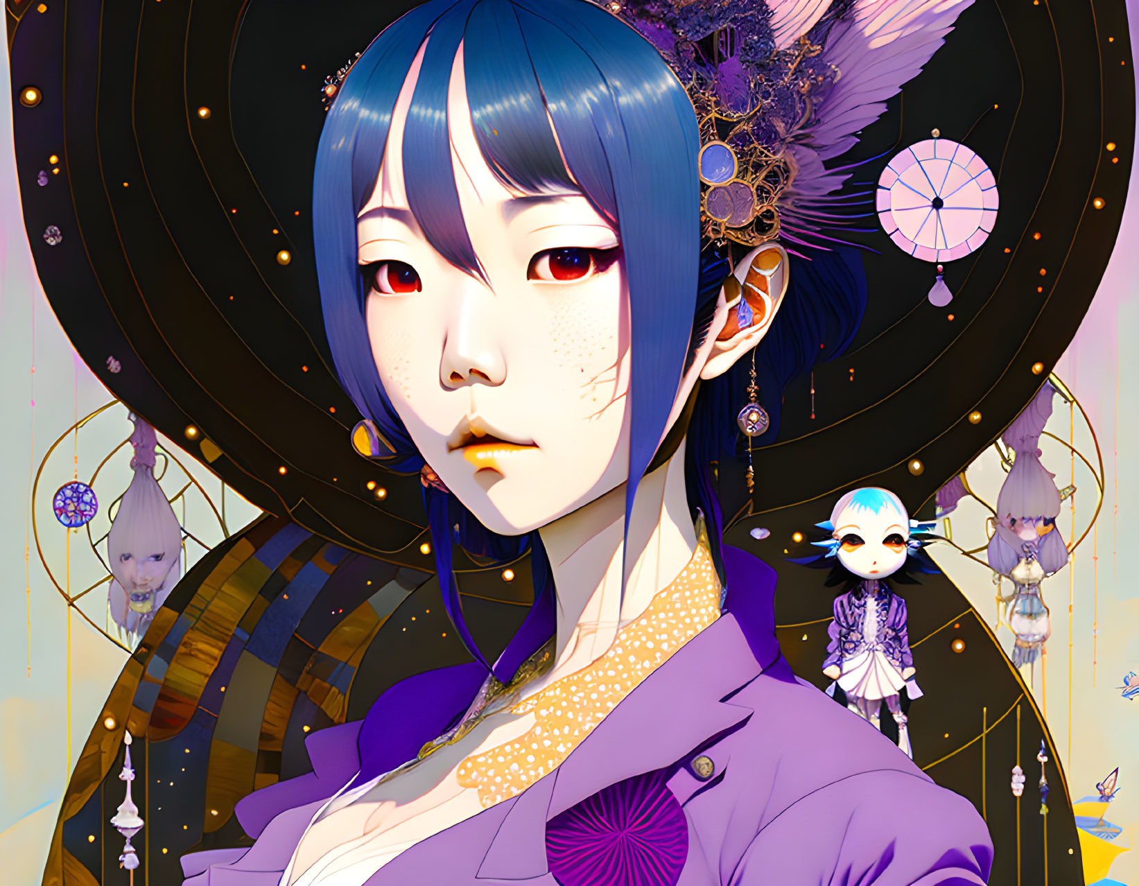 Illustration of anime-style female character with blue hair, red eyes, and purple outfit amidst celestial and