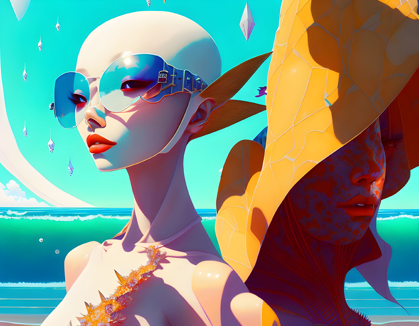 Stylized futuristic humanoid figures with sunglasses and visor by ocean with floating crystals