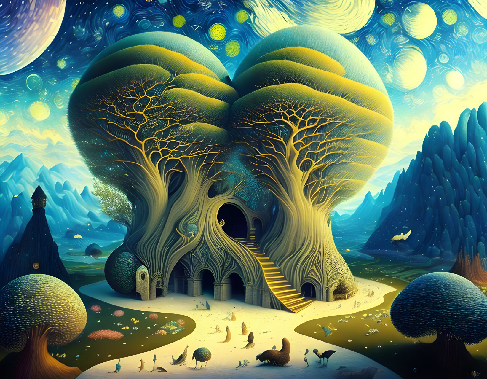 Enchanting landscape with glowing tree structures and mystical creatures