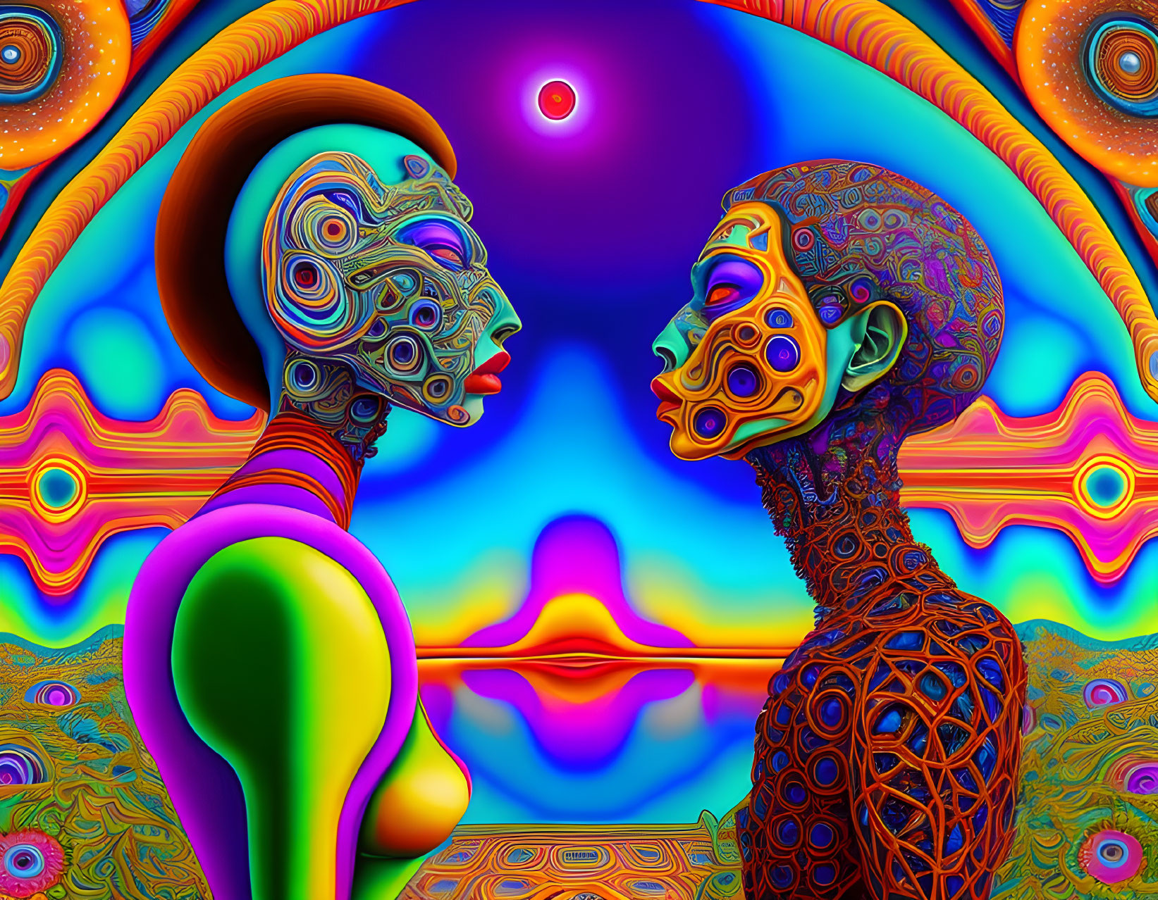 Colorful digital artwork: Two humanoid figures in vibrant, stylized forms against a psychedelic fractal backdrop