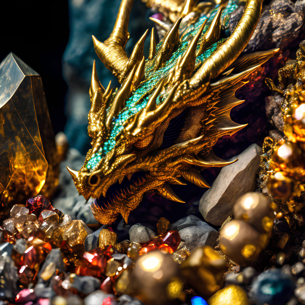 Golden dragon with intricate scales in a hoard of gems and crystals