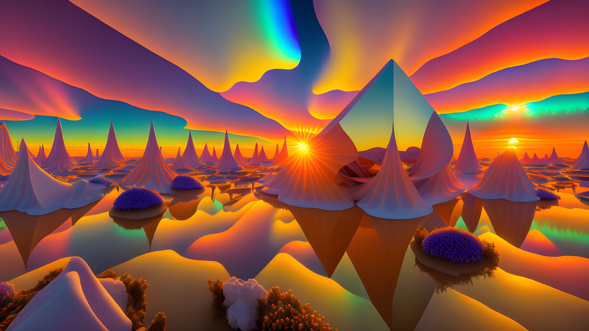 Colorful Surreal Landscape: Cone-shaped Mountains, Mirror-like Lakes, Wavy Sky