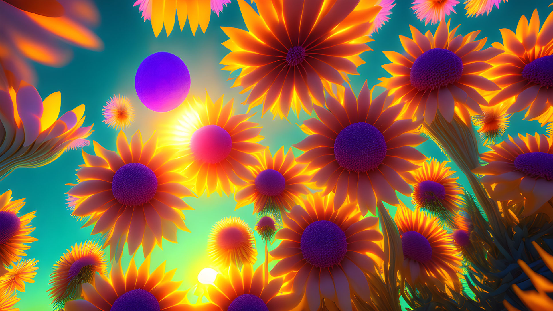 Colorful digital art: oversized orange flowers, purple sun-like sphere, teal sky - surreal landscape.