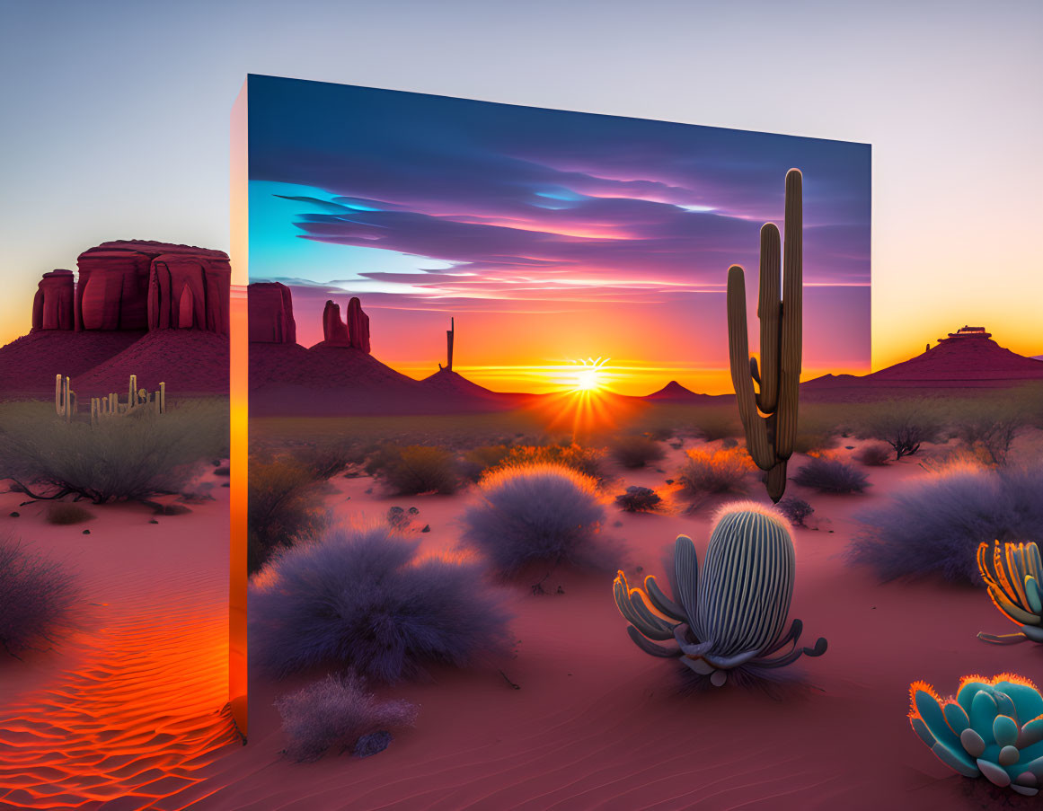 Surreal desert landscape with reflective panel showcasing pastel sunset sky